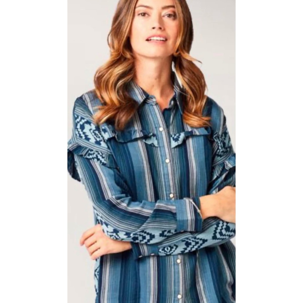 Wrangler Retro Western Geometric Top Small New‎ Ruffle Long Sleeve Shirt Womens